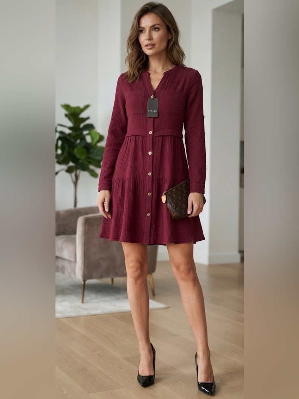 _Heyson Burgundy Button-Down Cotton Dress